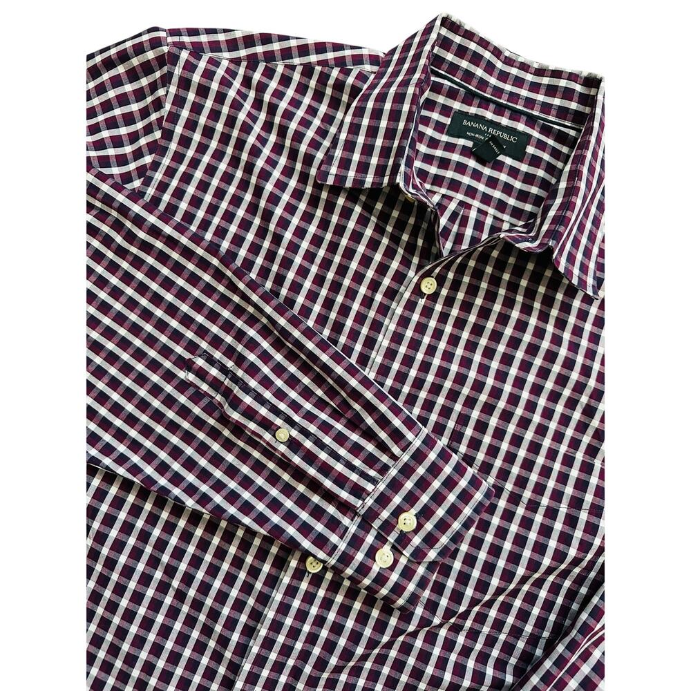 Banana Republic Non Iron Classic Fit Check Dress Shirt‎ Burgundy Navy L 16 16.5